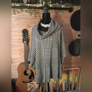 Fever Black & White Plaid Poncho - Red Trim Detail - NWT - Size S/M